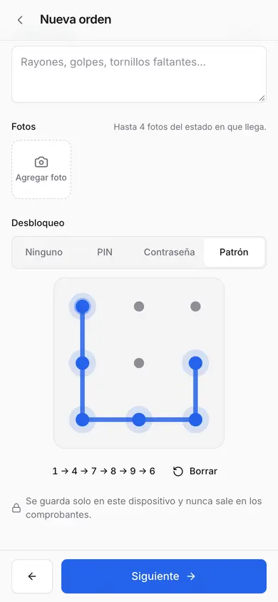 Pantalla de Fixeo para cargar el desbloqueo: patrón dibujado en una grilla de 3 por 3.