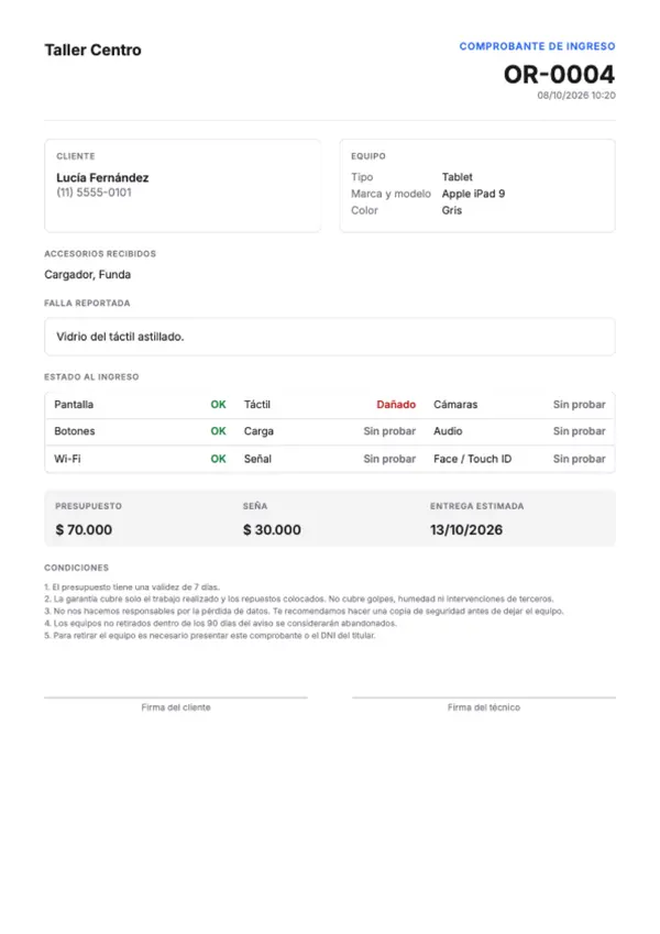 Comprobante de ingreso en PDF generado por Fixeo, con datos del cliente, equipo, checklist y condiciones.
